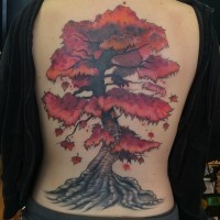 Big Asian like colored whole back tattoo of beautiful tree