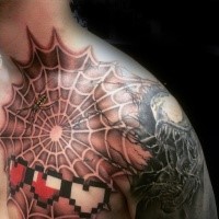 Big black and gray style chest tattoo of spider web