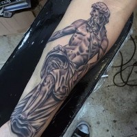 Big black and white antic statue tattoo on arm