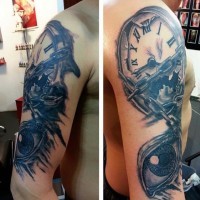 Big black and white broken chained clock shoulder tattoo with eye