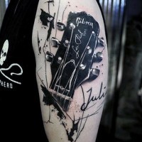 Big black and white detailed Gibson guitar shoulder tattoo with lettering