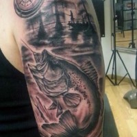 Big black and white fishing themed half sleeve tattoo