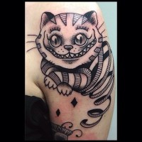 Big black and white funny Alice in wonderland cat tattoo on shoulder