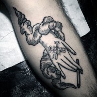 Big black and white hand with keys and cigarette tattoo on leg