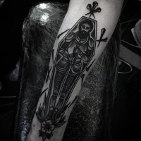 Big black and white medieval knight in coffin tattoo on arm