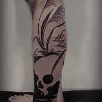 grande nero e bianco cranio su lago tatuaggio pieno di gamba