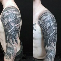 Big black and white sleeve tattoo of terrifying ruins with monsters