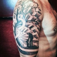 Big black and white sunset with father and son half sleeve tattoo