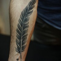 Tattoo von großem schwarzem Feder am Unterarm