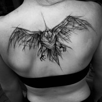 Big black ink crow sketch tattoo on upper back
