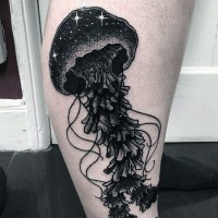 Big black ink detailed jellyfish stylized with night sky tattoo on leg