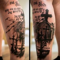 Big black ink dramatic cemetery tattoo with lettering on leg
