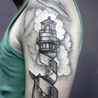 Big black ink original painted lighthouse with alien ship and wale