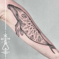 Big black ink slim whale tattoo on forearm stylized with tribal ornaments