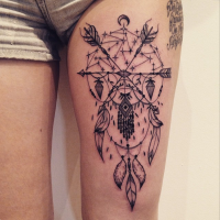 Big black ink thigh tattoo of big mystical symbol