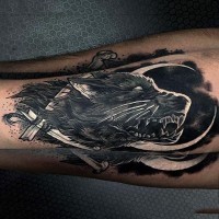 Big black mysterious evil monster wolf tattoo on leg