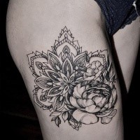 Big blackwork style thigh tattoo of realistic flower combined with ornamental flower