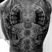 Big buddha and buddhist symbolism tattoo on whole back