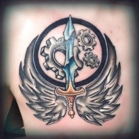 Großes farbiges Rücken Tattoo von Schwert mit Flügeln