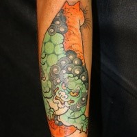 Big colored by horitomo Manmon cat tattoo on arm