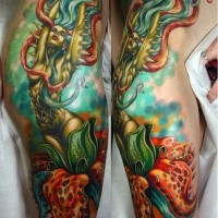 Big colored demonic fantasy woman in flower tattoo on thigh
