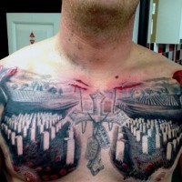 Big colored dramatic military cemetery tattoo on chest with cross and flowers