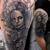 Big colored faded mystical woman portrait tattoo on shoulder