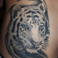 Big colored fantasy like white tiger head tattoo on waist