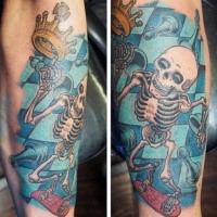 Big colored illustrative style leg tattoo of skeleton with skateboard and crown