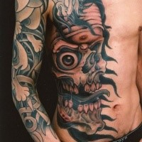 Big colored mystical Japanese traditional skull with fantasy goat