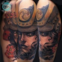 Big colored shoulder tattoo of detailed samurai woman with flowers