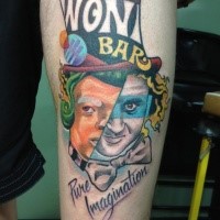 Big colored thigh tattoo of funny ma with lettering