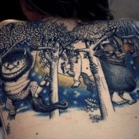 Big colorful fantasy creatures with trees tattoo on upper back