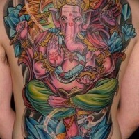 Big colorful indian ganesha tattoo on back by Terry Ribera