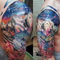 Tatuaje en el brazo, paisaje pintoresco con lobo multicolor