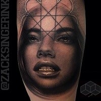Big engraving style black and white tattoo of woman portrait
