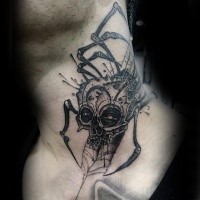 Big engraving style creepy skull with spider legs tattoo on neck