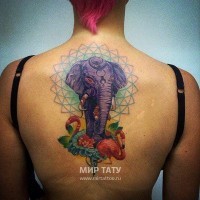 Big fantasy colored big elephant tattoo on back combined with flamingos and flovers
