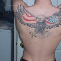 Big flying eagle with flag usa on wings tattoo on back