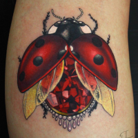 Big gorgeous painted colored leg tattoo of ladybug with diamond