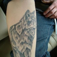Big gray wolf tattoo on the hand