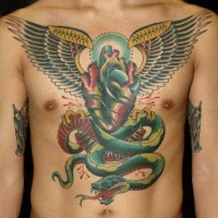 Big green snake with heart and wings tattoo