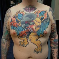 Big griffin tattoo on males chest