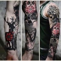 Big half ornamental half 3D sleeve tattoo of mystic woman,deer, skull and wolf