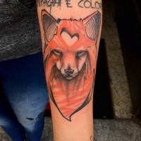 Big homemade style colored mystical fox tattoo on forearm stylized with heart