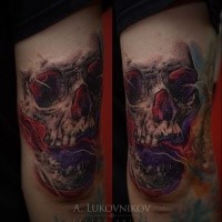 Big illustrative style tattoo of mystic human skull