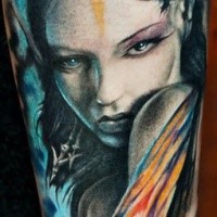 Big illustrative style tattoo of sexy Elf woman portrait