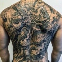 Big illustrative style whole back tattoo of fantasy dragon
