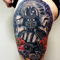 Big impressive colored detailed Star Wars Empire themed thigh tattoo