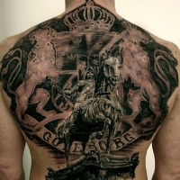 Big impressive looking whole back tattoo of old statue with lettering